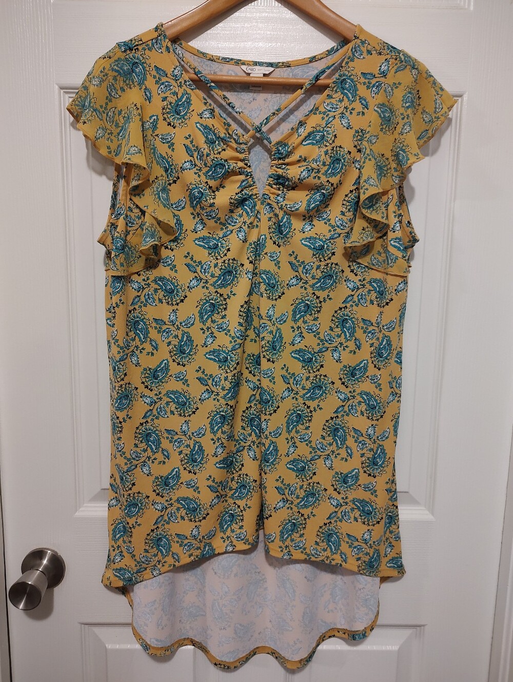 Cato Yellow Paisley Flutter-Sleeve Tunic with Teal Accents